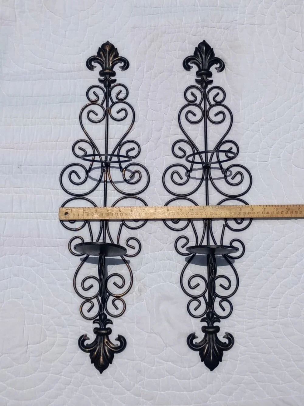 Vintage Wrought Iron Wall Sconces Fleur de Lis Pillar Candle Holders Black Gold